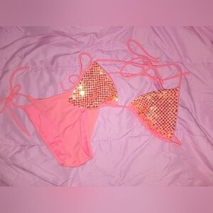 Medium Victoria's Secret Y2K Pink Coral Sequin Sparkly Bikini Bathing Suit